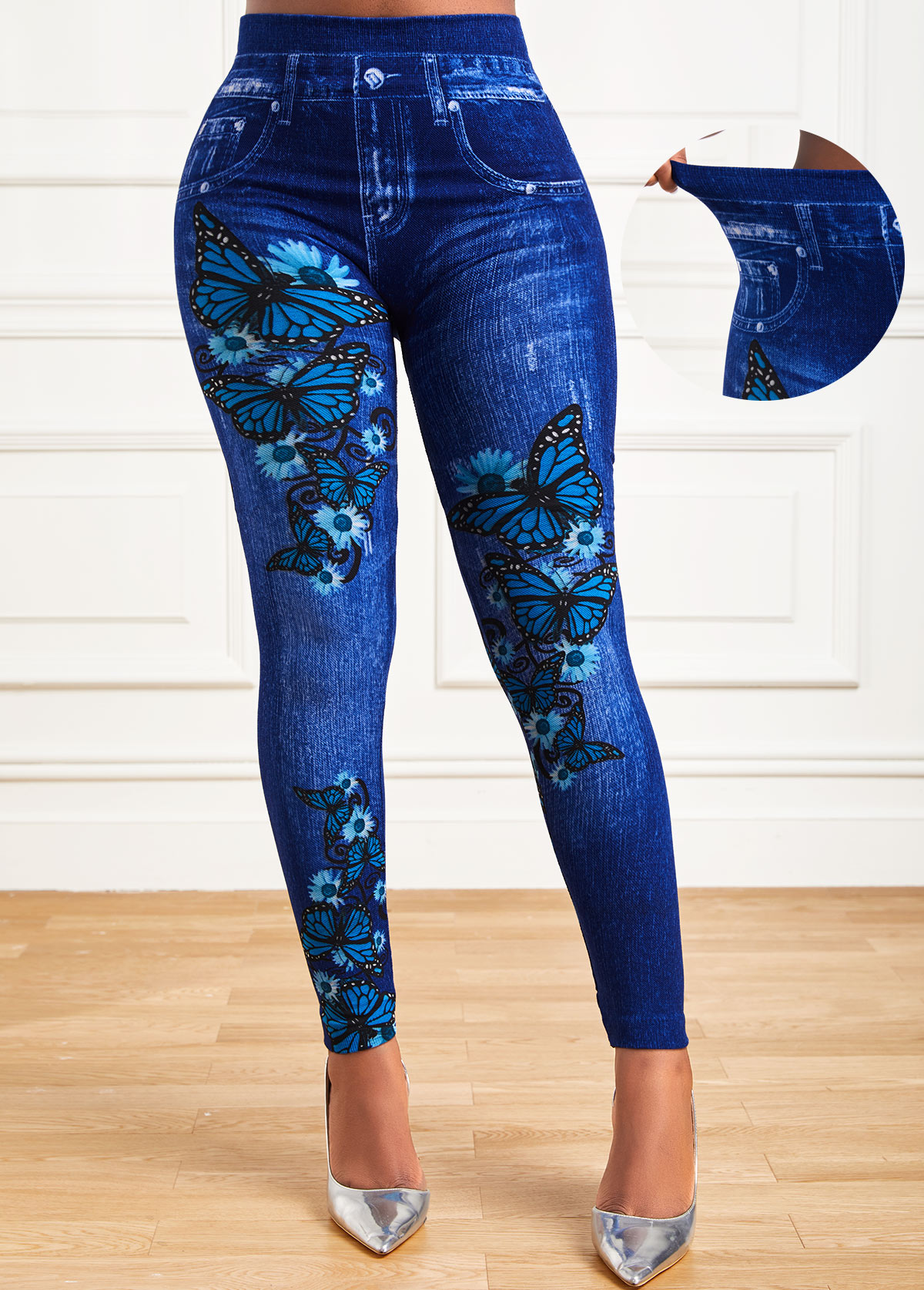 Butterfly Print Blue Elastic Detail High Waisted Leggings