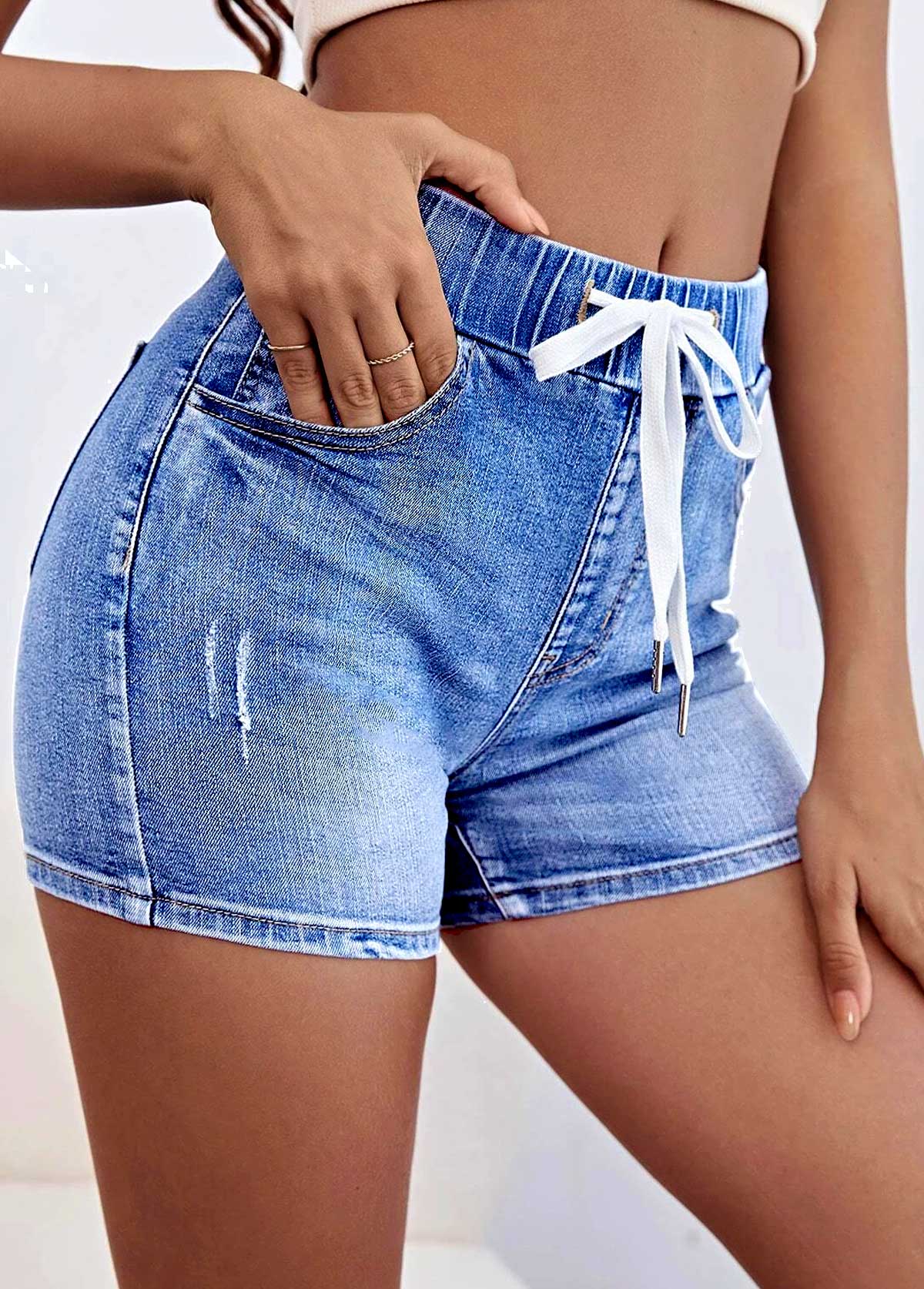 Denim Blue Pocket Drawstring Waist Shorts