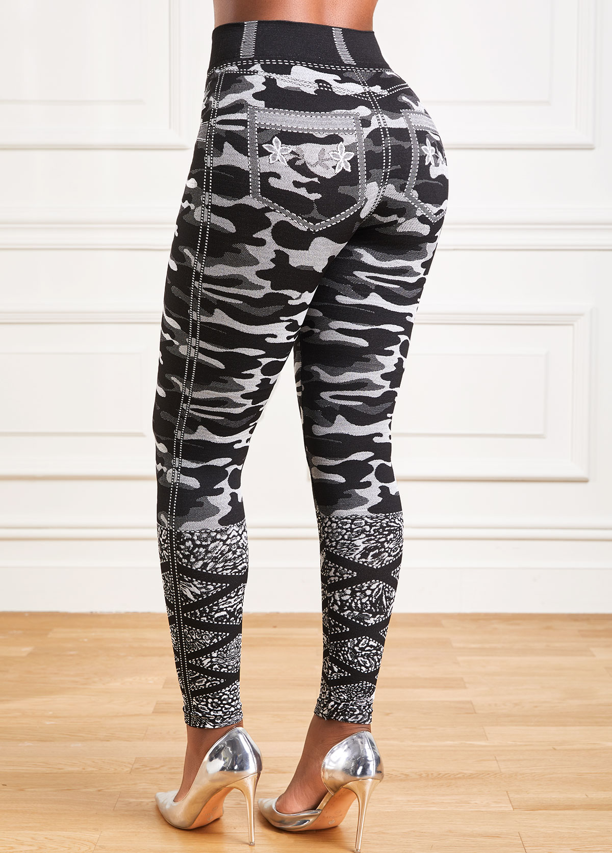 Camouflage Print Grey Elastic Waist High Waisted Leggings